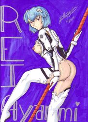 1girls ass blue_hair bodysuit breasts clothing female gainax human interface_headset lance_of_longinus medium_breasts neon_genesis_evangelion pale-skinned_female pale_skin pilot_suit plugsuit rei_ayanami short_hair tagme torn_clothes