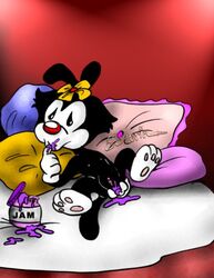 animaniacs anthro black_fur color dot_warner escoria female female_only fingering fingering_anus fingering_self flower food front_view fur furry gloves insertion jam masturbation pawpads paws pillow red_nose solo tagme white_fur