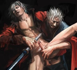 abs anal dante devil_may_cry incest katana male male_only open_clothes open_shirt penis penis_piercing piercing sex silver_hair sword twins vergil virgil weapon yamato_(sword) yaoi