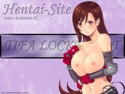 bb blush breast_hold breast_squeeze breasts brown_hair character_name earrings elbow_gloves elbow_pads female female_only final_fantasy final_fantasy_vii fingerless_gloves gloves huge_breasts human ion_rocket jewelry long_hair midriff nipples red_eyes skirt solo straight_hair tifa_lockhart topless wallpaper watermark zangyura