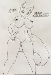 anthro big_breasts breasts canid canine diane_foxington dreamworks eyebrow_piercing facial_piercing female fibbelous fluffy fluffy_tail fox genitals hi_res looking_at_viewer looking_down_at_viewer male male/female mammal nipple_piercing nipples nude piercing pussy solo tail the_bad_guys