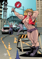 abs arm_behind_head armpits bare_shoulders biceps blonde_hair boots breasts extreme_muscles female muscle-fan-comics muscles muscular muscular_female nipples shorts sign small_breasts thighs