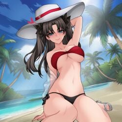 beach belly bikini bikini_bottom bikini_top black_hair blue_eyes breasts breasts_out fate/stay_night fate_(series) feet feet_out_of_frame female female_focus female_only hat haxial solo summer tohsaka_rin wide_hips
