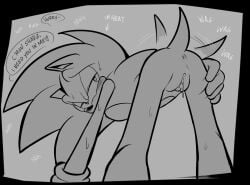 2024 andromorph anthro anus bent_over blush bodily_fluids dialogue digital_drawing_(artwork) digital_media_(artwork) english_text eulipotyphlan genital_fluids genitals hedgehog in_heat intersex mammal monochrome sega shaddycatz solo sonic_(series) sonic_the_hedgehog sonic_the_hedgehog_(series) speech_bubble sweat tail tail_motion tailwag talking_to_another text vaginal_fluids vulva