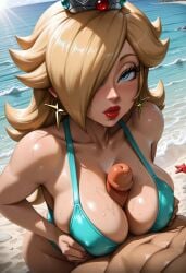 ai_generated beach blonde_hair curvy large_breasts mario_(series) one_eye_obstructed paizuri princess_rosalina swimsuit titjob tittyfuck