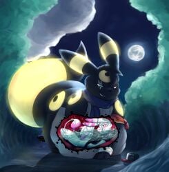 abdominal_bulge absurd_res ambiguous_gender anthro belly belly_on_ground big_tail black_body black_clothing black_fur black_shirt black_topwear bracelet brush_tail clothed clothing digestion digestive_fluids digestive_juice eeveelution feral forest forest_background full_moon fully_inside fur fur_markings generation_2_pokemon genitals glowing glowing_markings hat head_tuft headgear headwear heterochromia hi_res inside_stomach jewelry lagomorph looking_at_belly mammal markings moon night nintendo nude partially_submerged paw_on_belly paws penis pink_markings plant pokemon pokemon_(species) raised_clothing raised_shirt raised_topwear raster_dreams raster_dreams_(character) scarf shirt slightly_chubby smile smirk tail topwear tree tuft umbreon vore white_body white_fur willing_pred willing_prey x-ray_view