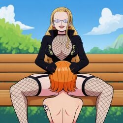 2girls ai_generated bench big_breasts blonde_hair blue_tattoo clothed clothed_female clothed_female_nude_female cunnilingus fishnets glasses hands_on_head kalifa_(one_piece) licking_pussy light-skinned light_skin long_hair naked naked_female nami_(one_piece) novelai nude nude_female one_piece opaque_glasses orange_hair outdoors outside park_bench short_hair sitting sitting_down smug smug_face tattoo tattoo_on_arm tattooed_arm