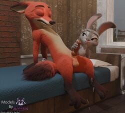 3_toes 3d_(artwork) 4_fingers absurd_res anthro balls bed black_nose blender_(artwork) blender_cycles_(artwork) bodily_fluids canid canine countershading cum cumshot digital_media_(artwork) disney duo ears_down ejaculation english_text erection european_rabbit eyes_closed feet female fingers fluffy fluffy_tail fox fur furniture genital_fluids genitals gloves_(marking) grey_body grey_fur handjob hi_res inside judy_hopps knot knotted_penis lagomorph leporid long_ears looking_at_another looking_at_partner male male/female mammal markings nick_wilde nude orange_body orange_fur oryctolagus penile penis pink_nose pink_penis pivoted_ears purple_eyes rabbit rasterraccoon red_fox sex sitting smile tail text toes true_fox watermark window zootopia