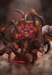 1boy abs absurdres artist_name axe bara black_hair blood blood_on_weapon brown_eyes closed_mouth clothed covered_in_blood david_king dead_by_daylight facial_hair flag fully_clothed fully_clothed_male highres holding holding_axe holding_flag holding_weapon kapetoelo looking_at_viewer male male_focus male_only muscular muscular_male navel navel_hair scar scar_on_face short_hair sitting sitting_on_chair sitting_on_throne solo solo_focus solo_male thick_thighs thighs throne undercut weapon yaoi