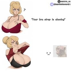 1girl absya_ai areola_slip black_bra bra_strap_is_showing_(meme) brawl_stars charlie_(brawl_stars) huge_breasts lips meme question_mark smirk solo tagme text upper_body watermark white_background