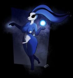 anthro balls big_breasts black_eyes blue_body breasts cansinodx dream_creature ear_piercing ear_ring erection floating genitals gynomorph hi_res intersex lagomorph long_ears magic mammal night nipples penis piercing ring_piercing solo starscape white_nipples