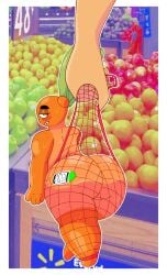 1girls 1other 2026 2d 2d_(artwork) ass back_view big_ass big_butt booty color colored digital_drawing_(artwork) digital_media_(artwork) fat_ass fat_butt female fishnet freckles freckles_on_ass freckles_on_shoulders fruit fruit_humanoid grocery_store humanoid looking_back offscreen_character orange orange_body slight_blush soul-sketched sweat sweatdrop sweating tanline tessa_(gmaster36)
