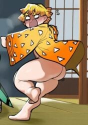 1boy ass_crack ass_exposed big_booty big_butt booty butt_crack butt_exposed demon_slayer fat_ass kimono kimono_lift kimono_only kimono_open scared scared_expression scared_male solo solo_focus solo_male zenitsu_agatsuma