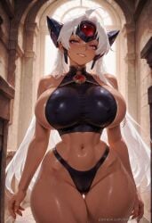1girl ahoge ai_generated bare_shoulders black_panties blue_skin breasts cameltoe colored_skin covered_nipples curvy grin huge_breasts large_breasts long_hair looking_at_viewer navel panties purple_eyes sideboob smile solo t-elos thick_thighs thigh_gap thighs trinity_vermilion underwear very_long_hair white_hair wide_hips xenoblade_chronicles_2