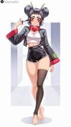 1girl ai_generated artist_name black_eyes black_hair black_jacket black_shorts black_thighhighs blush brawl_stars breasts closed_mouth crop_top cropped_jacket cropped_shirt double_bun front_view full_body hair_bun high_waist_shorts jacket kaze_(brawl_stars) kimonobs long_sleeves looking_at_viewer medium_breasts midriff multicolored_hair open_clothes open_jacket shadow shirt short_shorts shorts single_bare_leg single_thighhigh skindentation smile solo standing supercell tagme thick_thighs thighhighs thighs tinted_eyewear walking white_shirt white_tank_top