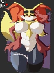 anthro barbell_piercing big_breasts big_ears black_background breasts cheek_tuft delphox eyelashes eyewear eyewear_on_head facial_tuft female female_anthro front_view fur generation_6_pokemon genitals grey_body grey_fur hand_on_hip hi_res hyakinuki inner_ear_fluff innie_vulva looking_at_viewer navel nintendo nipple_piercing nipples nude one_eye_closed orange_eyes orange_nose piercing plump_labia pokemon pokemon_(species) pokemorph purple_background red_body red_fur simple_background solo sunglasses sunglasses_on_head thick_thighs tuft vulva wearing_sunglasses white_body white_fur wide_hips wink winking_at_viewer yellow_body yellow_fur