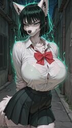 1girl ai_generated alley animal_ears animal_nose arms_behind_back aura black_fur black_hair body_fur bow bowtie bra bra_visible_through_clothes breasts collared_shirt decurse fubuki_(one-punch_man) furry furry_female green_eyes huge_breasts jewelry necklace night one-punch_man outdoors pleated_skirt red_bow red_bowtie school_uniform see-through see-through_shirt shirt shirt_tucked_in short_hair skirt snout solo tail two-tone_fur underwear white_fur white_shirt