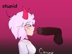1boy 1boy1girl 1girl 1girl1boy after_blowjob after_oral bitch black_cock blush blush_lines carmi2780 carmi_calamar dark-skinned_male demon demon_girl demon_horns female floating_penis horns lucifer lucifer_(carmi2780) oc original original_character red_horns saliva saliva_string simple_background slut slutty_female tongue tongue_out white_hair whore