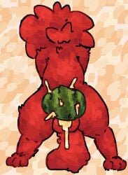 1_eye :3 anthro balls bodily_fluids cum cum_in_food cum_inside fluffy fluffy_tail food food_creature food_fetish fruit genital_fluids genitals hands_behind_back happy hi_res jelly_(food) leaking_cum male melon one_eye_closed paws plant presenting red_body scaliescum simple_background smile solo tail watermelon wilt_(nakeilyar)