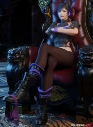 1girls 3d 3d_(artwork) 3d_artwork 3d_model 3d_render bandai_namco implied_penetration panties panties_around_one_leg pleasure_face reina_mishima shaddoll_x solo solo_female solo_focus tekken tekken_8 throne