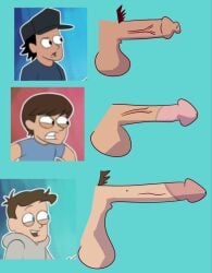 3boys black_eyes black_hair blue_eyes brown_hair circumcised color human human_only light_skin male male_focus male_only naked naked_male open_mouth penis simple_background twitter_link uncircumcised