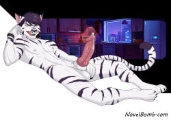 animal_genitalia anthro barefoot bodily_fluids claws english_text erection feet felid genital_fluids genitals hair hi_res humanoid licking licking_lips long_tail lying male mammal nipples novel_bomb nude on_side pantherine penile_spines penis pink_penis precum purple_hair sheath shirtless solo stripes tail text tiger toe_claws tongue tongue_out yellow_eyes