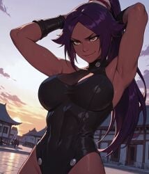 1girls 2d_animation ai_generated animated bleach bleach:_the_thousand-year_blood_war dark-skinned_female fewmorepixels large_breasts leotard ponytail purple_hair shihouin_yoruichi standing tagme thighhighs video yellow_eyes
