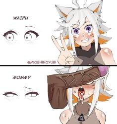 1boy 1girls breasts clothed clothed_female clothing color covering_face cum dark_skin demenishki dominant_male english_text female female_focus femsub hetero human indie_virtual_youtuber light_skin looking_at_viewer male maledom meme multicolored_hair open_eyes open_mouth orange_hair peace_sign penis penis_covering_eyes purple_eyes simple_background smile straight submissive_female text tongue tongue_out trend twitter_link virtual_youtuber vtuber white_background white_hair