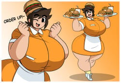 1girls apron breasts brown_hair burger_hat female food forsakun hair hat huge_breasts huge_thighs massive_thighs one_eye_closed orginal_character original short_hair tagme thick_thighs thighs waitress waitress_uniform