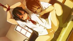 2girls arms_up azusa_nakano_(k-on!) black_hair blush bondage brown_eyes brown_hair female female_only human human_only k-on! lunalu9 multiple_females multiple_girls no_panties ponytail pussy pussy_juice school_uniform smile spread_legs squatting tied_hair ui_hirasawa_(k-on!)