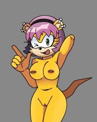 archie_comics areola bangs bannerniceman barbell_piercing breasts ear_piercing eyelashes facial_tuft female genitals green_eyes hair herpestid hi_res light_mobius long_eyelashes mammal mina_mongoose mongoose nipple_piercing nipples one_eye_closed piercing purple_hair sega solo sonic_the_hedgehog_(archie) sonic_the_hedgehog_(comics) sonic_the_hedgehog_(series) tail tuft vulva yellow_body