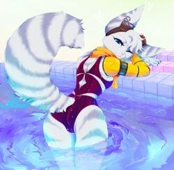 absurd_res anthro camel_toe clothing female genital_outline head_on_arms hi_res in_pool lombax looking_at_viewer looking_back looking_back_at_viewer mammal one_eye_closed raised_tail ratchet_and_clank rivet_(ratchet_and_clank) smile solo sony_corporation sony_interactive_entertainment swimwear t-27_(sova) tail vulva_outline water wink