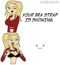 2d amy_(tdi) badluckae beauty_mark blonde_hair bra bra_strap_is_showing_(meme) busty cheerleader cheerleader_uniform female female_focus female_only flashing hourglass_figure meme tagme total_drama:_pahkitew_island total_drama_(series) total_drama_island
