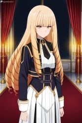 1girl ai_generated black_necktie blonde_hair blunt_bangs breasts candle clenched_hands closed_mouth cropped_jacket curtains digitalwaifugallery dress drill_hair gold_trim hi_res high_quality high_resolution indoors jacket kage_no_jitsuryokusha_ni_naritakute! long_hair long_sleeves necktie patreon red_curtains rose_oriana seductive sexy skirt solo uncensored very_long_hair watermark yellow_eyes