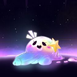 2023 accessory artist_request background ball_with_hyper_features balls big_balls big_penis blush diva_slime eyelashes goo_creature huge_cock large_penis multicolored_body penis simple_eyes slime terraria