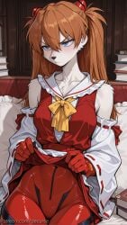 1girl ai_generated asuka_langley_sohryu blue_eyes blush bodysuit book breasts clothes_lift cosplay decurse detached_sleeves furry furry_female gloves indoors lifted_by_self long_hair looking_at_viewer orange_hair plugsuit red_bodysuit sitting skirt solo watermark