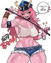 1girls ashido_mina big_ass big_breasts black_sclera boku_no_hero_academia dominatrix english_dialogue english_text final_fight highres jean_shorts long_hair my_hero_academia pink-haired_female pink_hair pink_skin poison_(final_fight) seductive seductive_look seductive_pose sexy_body slim_waist snk tank_top teeth_showing thick_ass thick_thighs toned_stomach tongue_out voidloop whipping_rod wide_hips yellow_eyes_female
