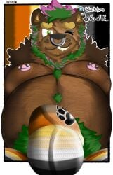 anthro areola barbell_piercing bear bear_pride_colors biped bulge clothing detailed_bulge ear_piercing facial_piercing green_hair hair hi_res hybrid lgbt_pride lgbt_pride_month male male_anthro mammal nipple_barbell nipple_piercing nipples nose_piercing nose_ring overweight overweight_anthro overweight_male piercing pride pride_color_background pride_color_clothing pride_color_flag pride_colors ring_piercing septum_piercing septum_ring sharkokuma simple_background solo