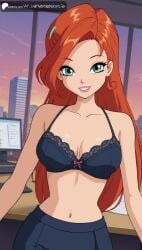 ai_generated aiuniverse56 aqua_eyes bloom_(winx_club) bra cartoon cleavage lace lace_bra long_hair medium_breasts midriff narrow_waist navel orange_hair pink_lips pink_lipstick skirt stable_diffusion winx_club