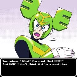 about_to_pound_the_fuck_outta_em blue_eyes english_text green_armor green_helmet hnsundown looking_at_viewer mega_man mega_man_(classic) mega_man_9 pixel_(artwork) pixel_art robot robot_boy robot_humanoid shocked shocked_expression solo solo_focus solo_male sweatdrop tornado_man white_glove white_gloves