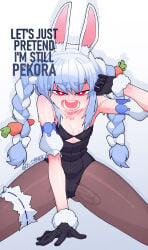 1boy bunny_boy bunnysuit crossdressing crossplay cypher_05 desperation erection_under_clothes femboy garter_straps gloves implied_yaoi leotard open_mouth penis_tuck penis_under_clothes stockings sweating translucent_legwear twin_braids usada_pekora_(cosplay) visible_teeth