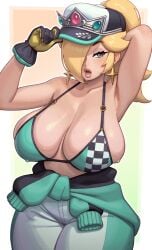 1girl 1girls absurdres alternate_breast_size_(larger) arm_behind_head arm_up armpit_crease armpits bare_shoulders big_breasts bikini bikini_top bimbo blonde_hair blue_eyes blush breasts busty clothed clothed_female clothes_around_waist clothing commentary curvaceous curvy earrings english_commentary female front_view gloves gradient_background hair hair_over_one_eye hand_behind_head handwear hat headwear hi_res highres huge_breasts human jacket jacket_around_waist jacket_removed jewelry large_breasts legs_together light-skinned_female light_skin long_hair looking_away mario_(series) mario_kart mario_kart_world mole mole_on_breast nintendo official_alternate_costume one_arm_up open_mouth pants plump ponytail princess_rosalina princess_rosalina_(pro_racer) raised_arm riz rizdraws rosalina rosalina_(pro_racer) sagging_breasts sideboob simple_background skindentation solo standing star_(symbol) star_earrings stomach super_mario_galaxy sweat sweatdrop sweater sweater_around_waist sweating sweaty sweaty_armpits sweaty_body sweaty_breasts teeth thick_thighs thighs tongue voluptuous voluptuous_female wide_hips