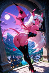 ai_generated archway artesensuale bent_over demon demon_girl hellaverse helluva_boss leotard moon moonlight offering presenting presenting_hindquarters pussy succubus succubus_horns succubus_tail succubus_wings verosika_mayday_(helluva_boss) vivienne_medrano vivziepop