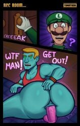 2boys ? anal ass ass_grab biff_atlas big_ass blonde_hair blue_body clothing dialogue dildo dildo_in_anus enormous_ass facial_hair fat_ass frogsly gay ghost gloves green_hat green_shirt hat huge_ass indoors large_ass light-skinned_male looking_at_another looking_at_viewer luigi luigi's_mansion male male_only mario_(series) mature mature_male nintendo open_mouth pink_dildo red_tank_top shirt short_hair sitting text thick_ass yaoi
