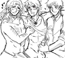 3boys antonio_fernandez_carriedo axis_powers_hetalia bite_mark blushing cum cumming ejaculation enjoying france_(hetalia) francis_bonnefoy gay gay_sex gay_threesome gilbert_weillschmidt half_dressed hetalia hickey_marks idk_what_to_tag jerkingoff_another male/male/male male_only masturbation playing_with_nipple prussia_(hetalia) pubic_hair smiling smirking_at_partner spain_(hetalia) threesome yaoi