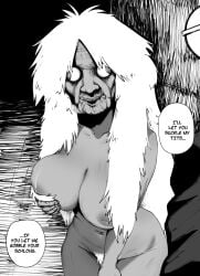 1girls breasts canonical_scene dandadan dialogue english_text female female_focus female_only monochrome naked naked_female nipples open_eyes open_mouth outdoors pussy rimichhi scene_reference standing text thighs turbo_granny_(dandadan) twitter_link