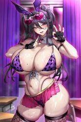 1girl absurdres animal_print bikini breasts commentary_request curvy eyewear_on_head fishnet_thighhighs fishnets front-tie_top gyaru hair_between_eyes heart heart-shaped_eyewear highleg highleg_panties highres huge_breasts large_areolae leopard_print leopard_print_bikini long_hair microskirt mole mole_on_breast mole_under_mouth ok_sign open_mouth original panties pink-tinted_eyewear print_bikini purple_hair red_eyes senri_gan sexually_suggestive skirt solo sunglasses swimsuit thick_thighs thighhighs thighs thong thong_panties tinted_eyewear twintails undersized_clothes underwear