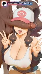 1girl 1girls 2026 ai_generated artist_name boobs breasts brown_hair bust chest cleavage clothed_female_nude_male cock covered_nipples cutoffs dark-skinned_male dark_skin denim denim_shorts dick double_v double_w electroworld erection hat heart hetero hi_res high_quality high_resolution highres hilda_(pokemon) interracial patreon patreon_username penis penis_on_face pokemon shorts stable_diffusion tits tongue tongue_out trembling v w watermark