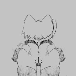 1:1 anthro anus bottomwear butt butt_grab clothing female genitals hair hand_on_butt humanoid_genitalia humanoid_vulva legwear low-angle_view monochrome neco-arc short_hair skirt solo stockings tail tsukihime type-moon vulva