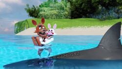 16:9 3d_(artwork) 4k absurd_res animatronic anthro aquatic barely_visible_genitalia binocszoomx10 breasts canid canine digital_media_(artwork) duo eye_patch eyewear female fish five_nights_at_freddy's five_nights_at_freddy's_2 fox foxy_(fnaf) genitals hair hi_res machine male male/female mammal mangle_(fnaf) nipples nude open_mouth outside robot scottgames shark skinny_dipping teeth text water white_body widescreen yellow_eyes